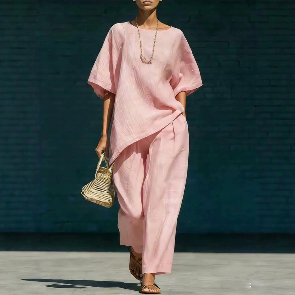 Completo da donna a tinta unita con scollo rotondo, maniche corte e pantaloni a gamba larga, casual, vestibilità larga, tuta estiva