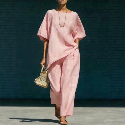 Conjunto de Pantalones de Pierna Ancha de Manga Corta con Cuello Redondo de Color Sólido para Mujer, Chándal Casual Holgado de Verano