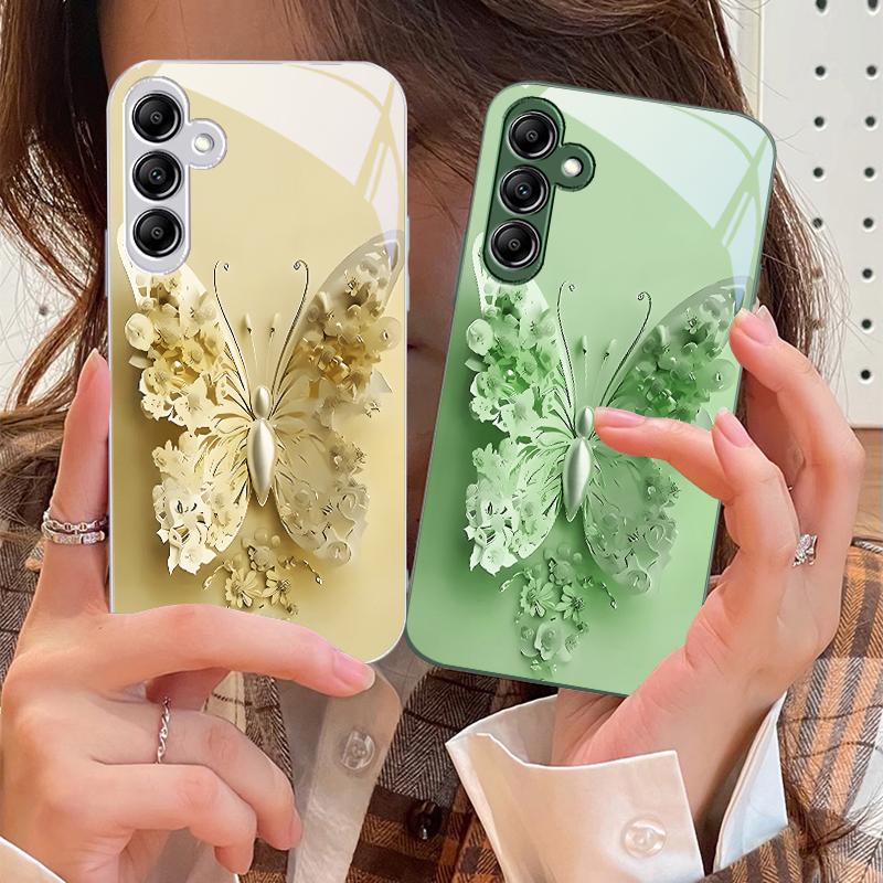 Green Flower Butterfly For Samsung A 73 72 71 70 56 55 54 53 52 51 50 42 35 34 33 32 31 26 25 24 23 22 30 20 Glass Phone Case