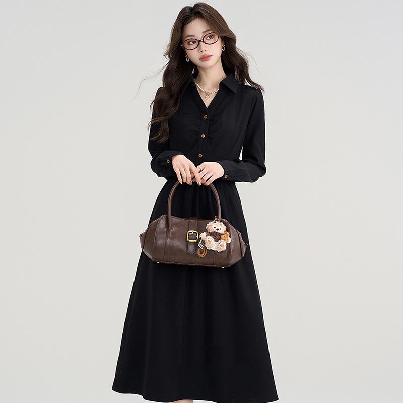 

Elegant V-Neck Waist-Cinched Long-Sleeve Little Black Dress for Women - Spring 2025 Collection M чёрный