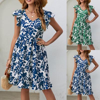 Damenkleid mit Blattdruck, V-Ausschnitt, lange Ärmel, lässige Urlaubskleider