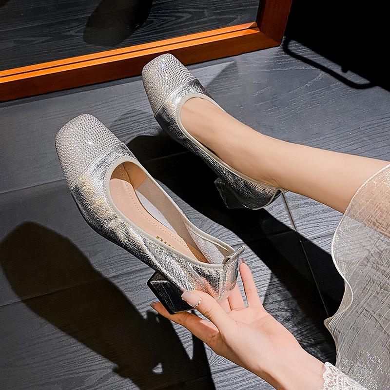 Fashion 5CM Diamond Block High Heels Shoes Ladies Burst Silver Pumps Women Square Toe Loafer Crystal Tacones Chunky Heel Traf Mary Janes