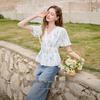 Women's French Style V-neck Printed Puff Sleeve Blouse
