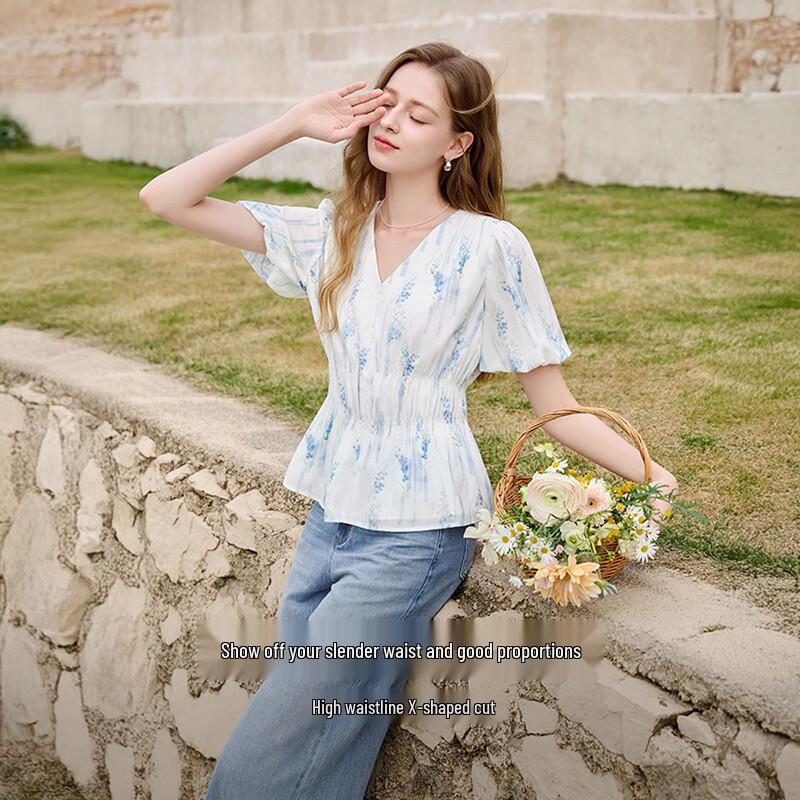 Women's French Style V-neck Printed Puff Sleeve Blouse