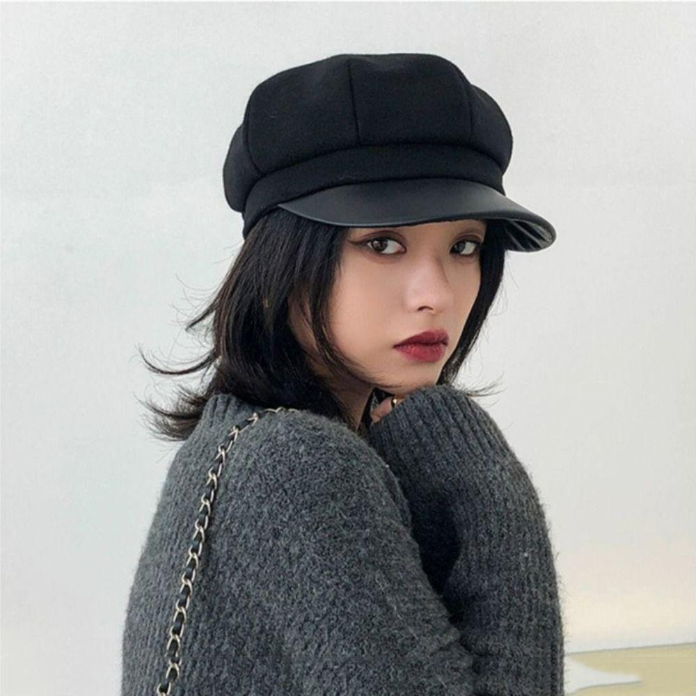 Korean Style Women Octagonal Cap Solid Color Winter Painter Hat Retro Woolen Beret  Ladies