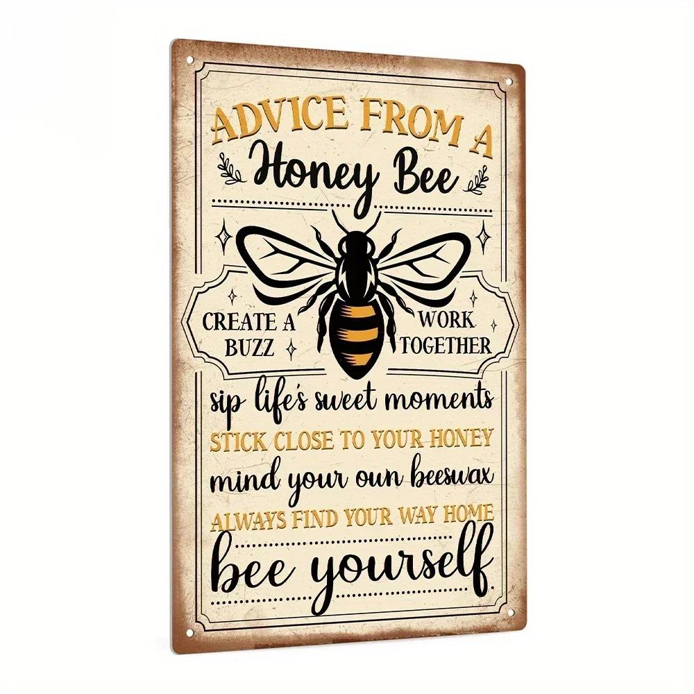 1pc Vintage Metal Sign, Honey Bee Advice, Wall Art Decor for Home Farmhouse Living Room Cafe Coffee Shop, 7.8 x 11.8 Inch Gift