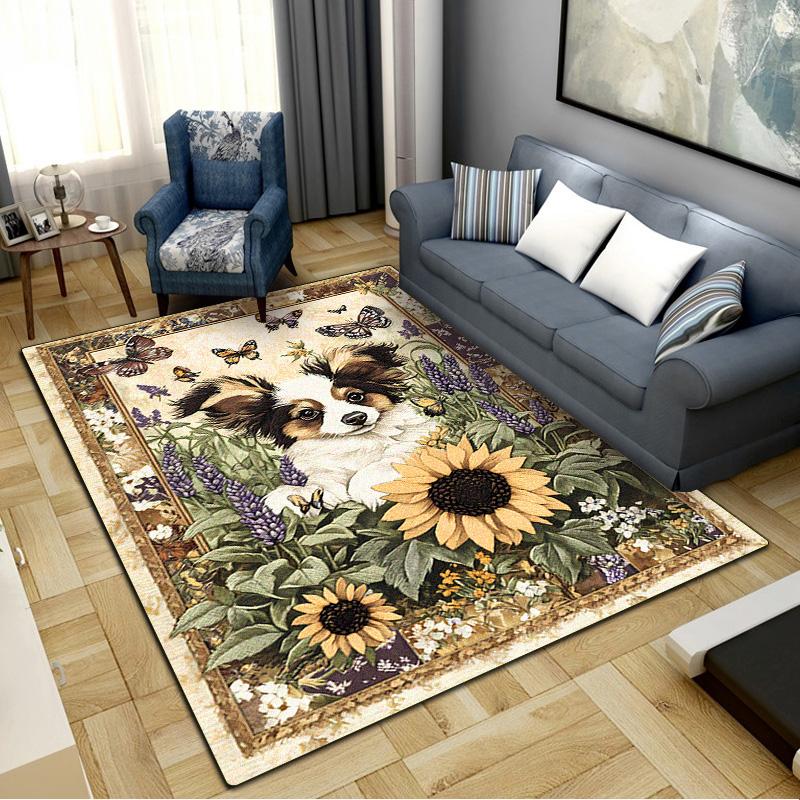 Hund und Sonnenblumen Teppich für Wohnzimmer Schlafzimmer Zuhause Sofadekoration, Kinderspiel Rutschfeste Bodenmatte