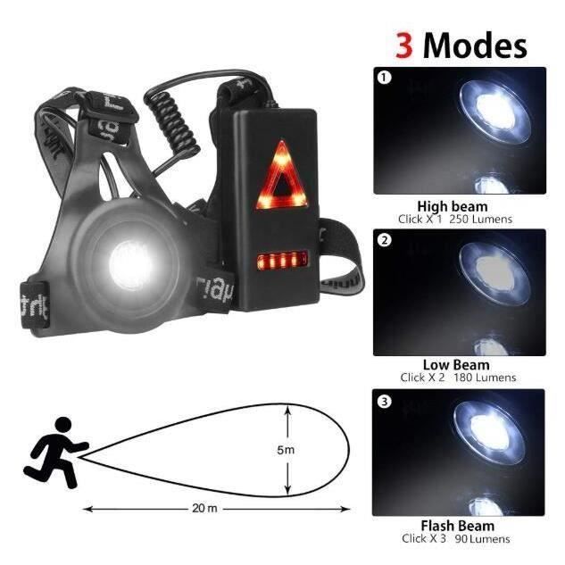 Rechargeable USB LED Headlamp for Running - Black - 3 Modes - 50m - ABS - 240 Min