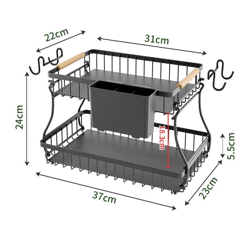 Double-layer removable multi-functional rack, kitchen vegetable rack, living room wooden handle portable vegetable and fruit basket