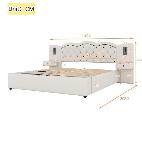 180x200cm Flat Bed, Upholstered Bed, Integrated Headboard, Hydraulic Lifting Mechanism, USB Connection, Two Bedside Lamps, Large Storage Space, Grey,