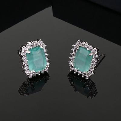 Designer Square Stud Earrings Rhodium Plated Mint Green Stones For Women