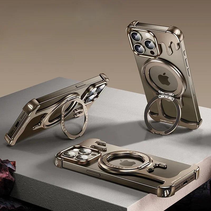 Oatsbasf for iPhone16 Pro/16Pro Max Phone Case Magsafe Metal Phone Cover w/ 360°Rotation Finger Ring Holder Frameless Phone Case
