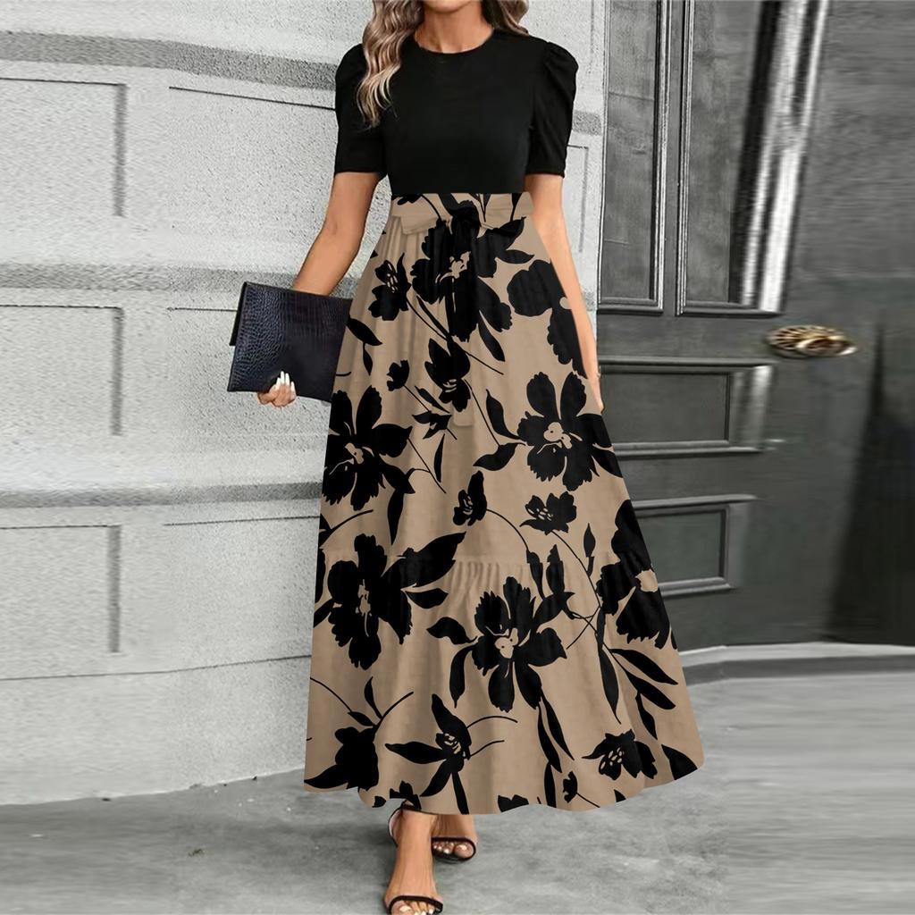 Women's Fashionable Casual Belt Short Sleeved Round Neck Print Elegant Temperament Dress