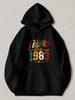 Black Pullover Hoodie with Retro Legend Since 1983 Graphic Print, Vintage Style Sweatshirt with Crown And Stars Design, Casual Lon