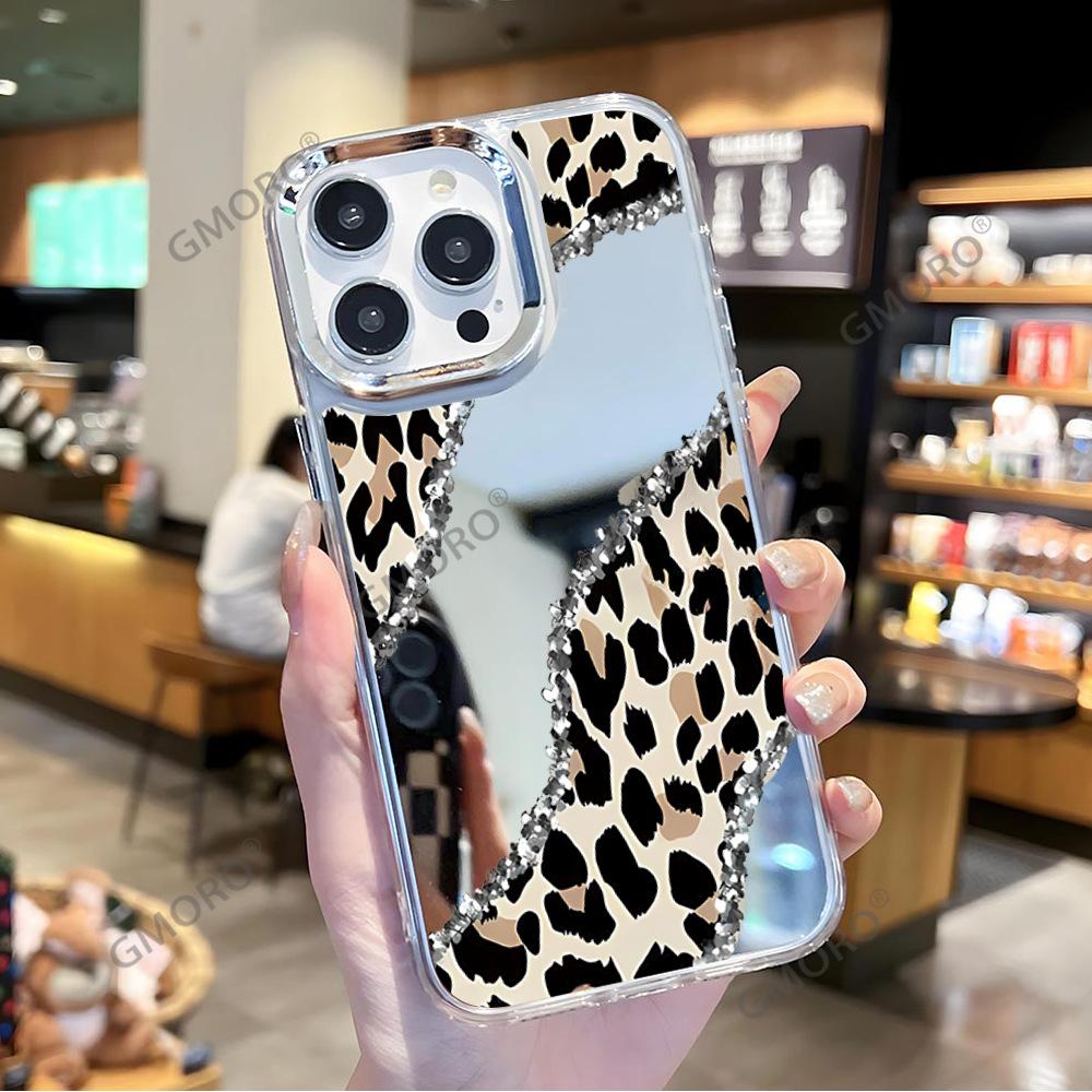 European and American broken diamond leopard print iphone17 mirror mobile phone case Apple 16promax advanced sense mirror mobile phone case 14