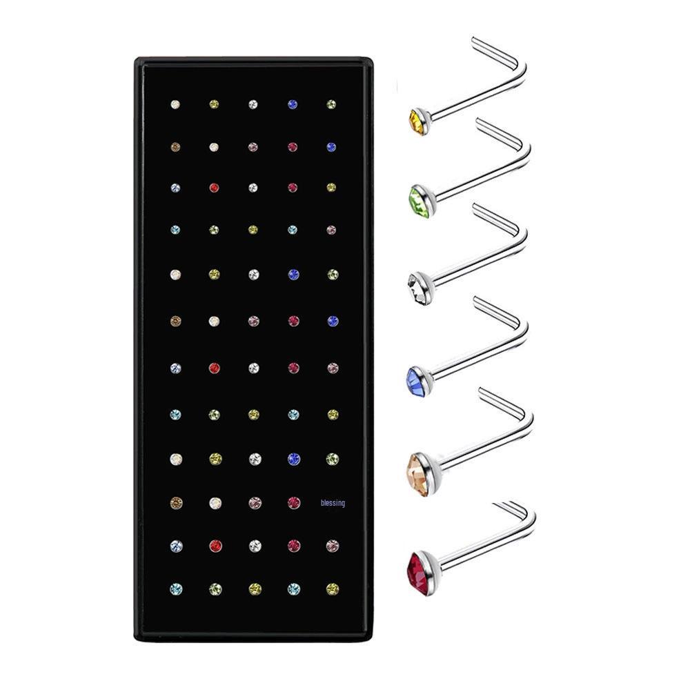 60-Piece Boxed Set: Diamond-Inlaid Stainless Steel Nose & Lip Studs - Assorted Sizes (1.5mm, 2.0mm, 2.5mm) & Colors