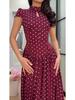 2026 Polka Dot Short Sleeve High Neck Slim Fit Elegant Long Dress for Women