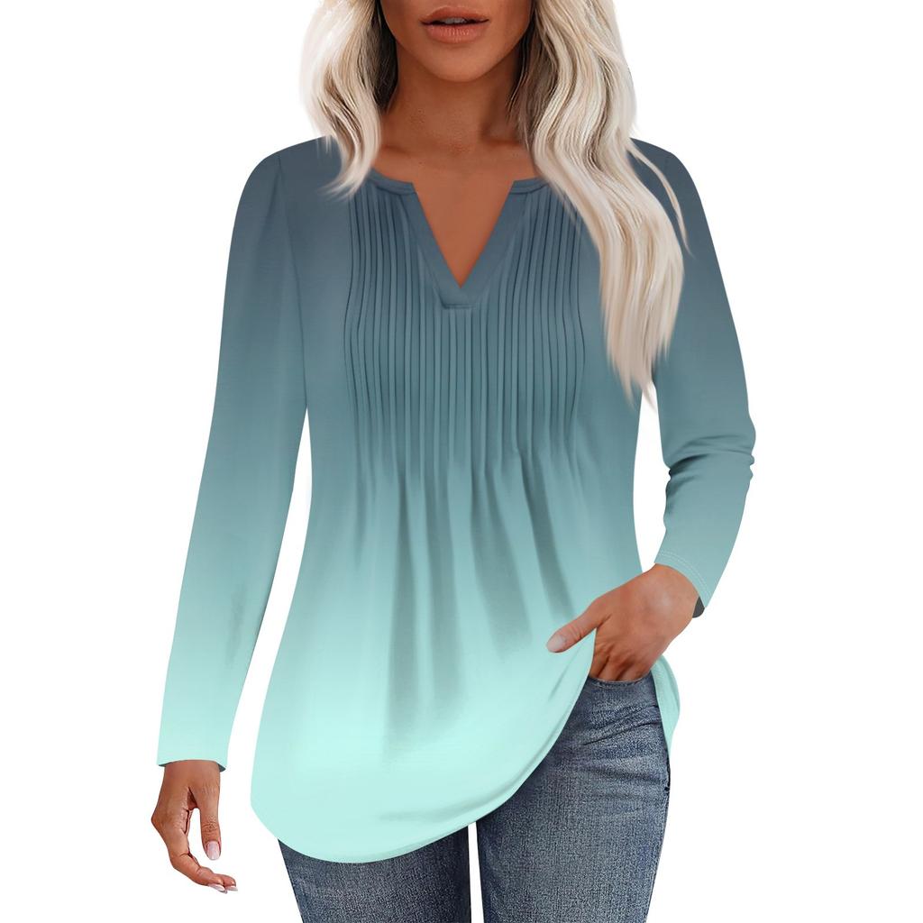 Dámská móda Ležérní Plisované Tričko s V výstřihem a Dlouhým Rukávem Elegantní Top