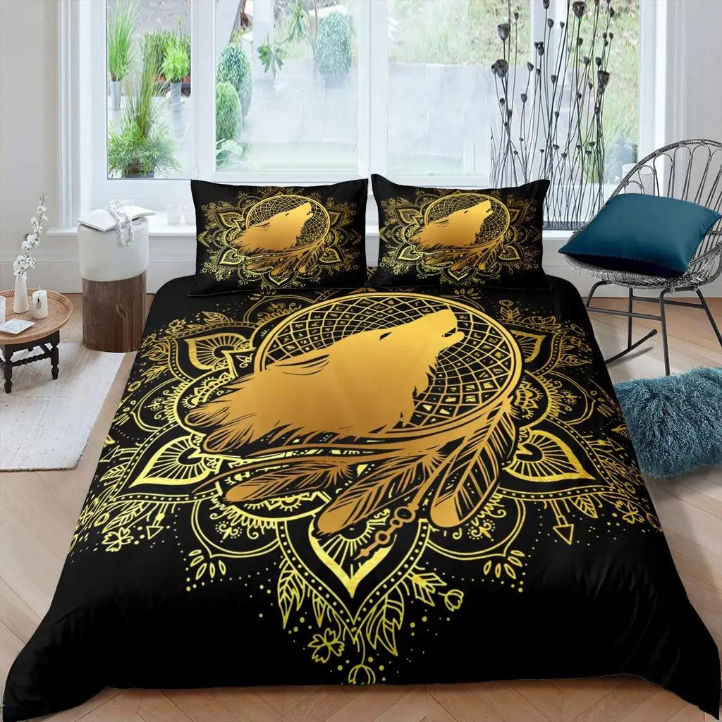 Wolf Dreamcatcher Duvet Cover Set Full Size Indian Dreamcatcher Animal 3D Bedding Set Exotic Style Bohemia Comforter/Quilt Cover