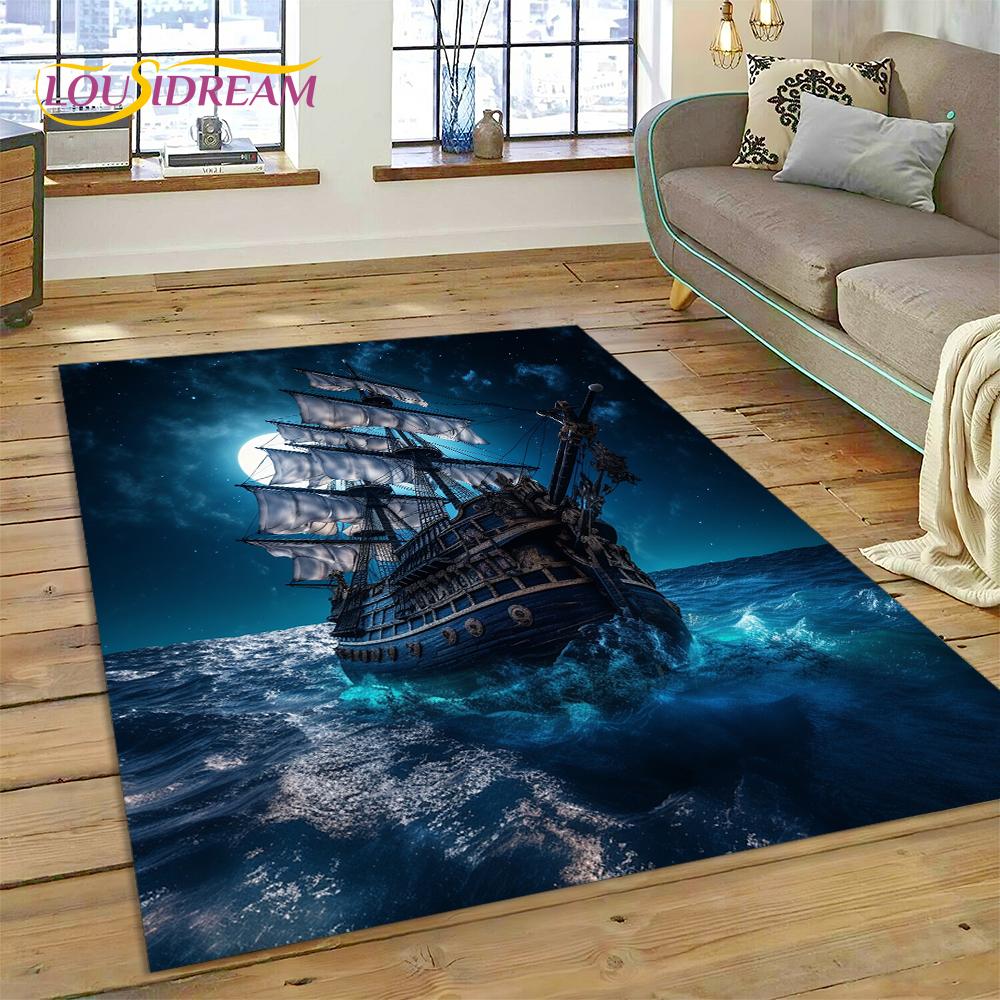 Antikes Piratenschiff Boot, Barke, Segelboot Teppich für Wohnzimmer Schlafzimmer Dekoration, Bodenteppich Rutschfeste Dekoration für Sofa Fußmatte