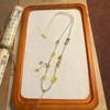 Hand-Woven White Crystal Bead Chain Necklace with Amber Pendant and Jadeite Gold Lanyard