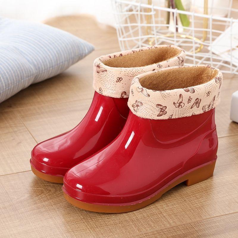 Women's Fashion Anti Slip Waterproof Short Tube With Cotton Rain Boots Kitchen Work Rubber Shoes