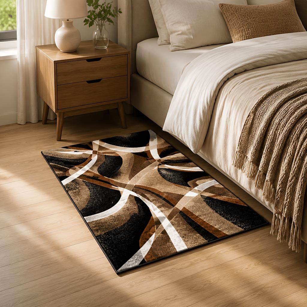 Contemporary Abstract Floor Rug Blue Beige White Swirling Curve Stylish Decor Area Rug for Indoor Living Space Home Ornament