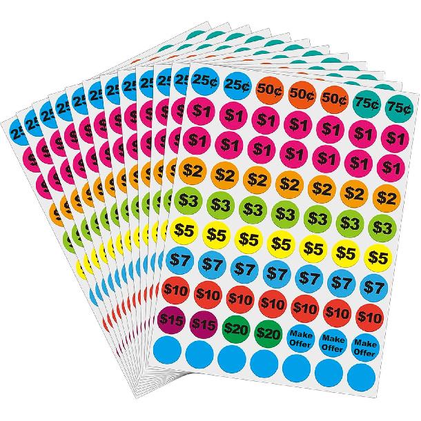 Removable Garage Sale Stickers, 1400 Pcs Yard Sale Price Stickers, 3/4  Round Preprinted Garage Sale Price Stickers Labels for Flea Markets, County