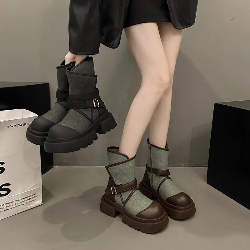 Fashion High-end design sense fashion niche denim skinny boots women 2024 new mid-tube round head thick sole casual ankle boots