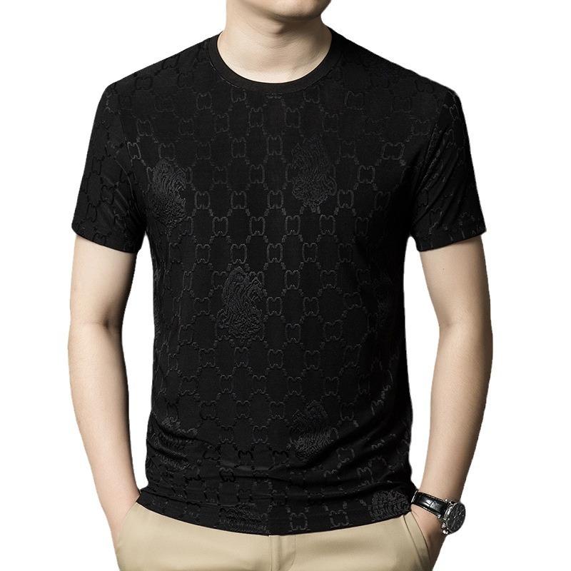 

Мужская тонкая жаккардовая рубашка с короткими рукавами из ледяного шелка и круглым вырезом, трикотажная рубашка с короткими рукавами для мужчин 4XL