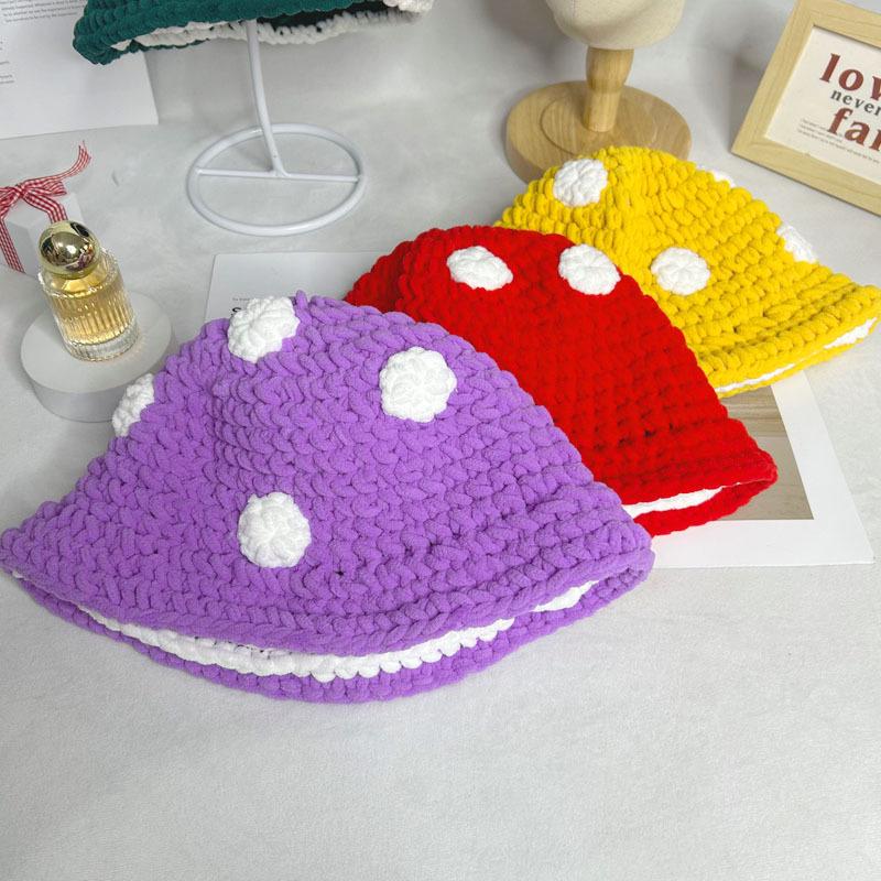 Charming Cartoon Crochet Mushroom Beanie - Cozy, Thick Knit Fisherman Hat for Autumn and Winter.