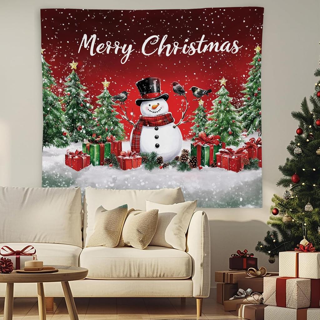 Merry Christmas Tree Snowman Tapestry Wall Hanging, Snowman Christmas Decor,Winter Holiday Xmas Tree Bird Wall Blanket Decor for