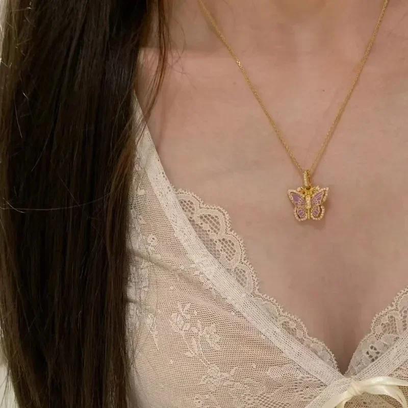 Butterfly series hollow out antique gold crafts enamel diamonds necklace exquisite palace style pendant collar chain jewelry