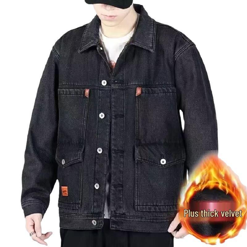Men's Windproof Thick Velvet Denim Jacket - Winter Wear-Resistant and Loose Fit