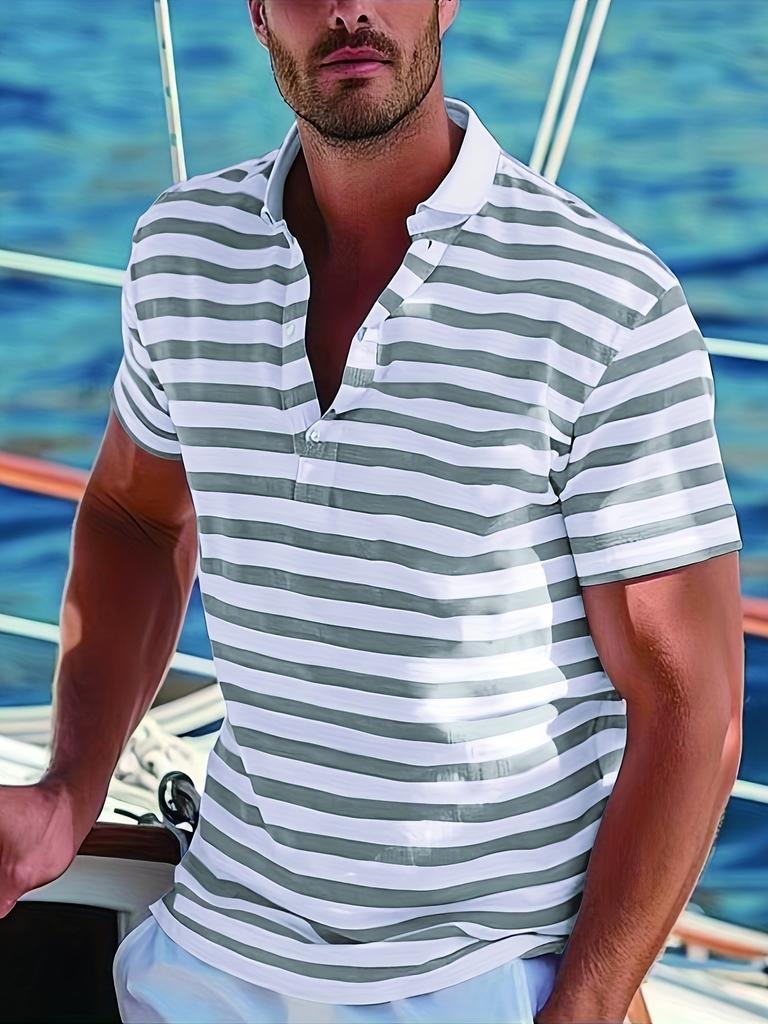 Summer Men's Blue White Striped Polo Shirt Nautical Short Sleeve Top