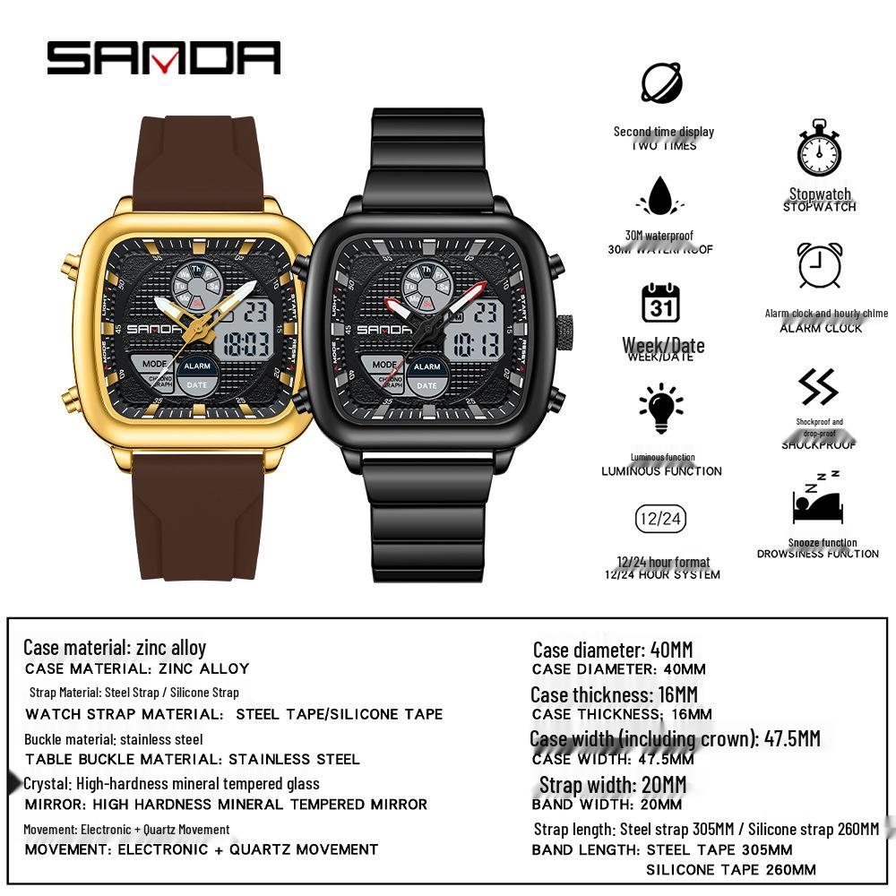 Sanda Multifunctional Men's Luminous Waterproof Electronic Alarm Watch