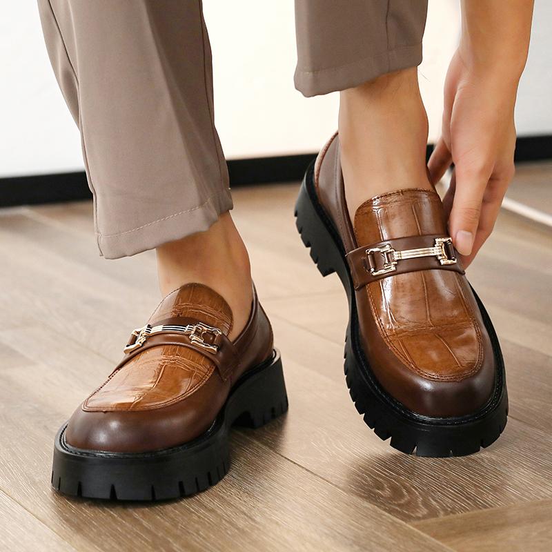Fashion Advanced Texture Korean Style Fashion Metal Buckle Leather Casual Non-slip Men's Comfor Round Head Leisure Business Loafer Shoes
