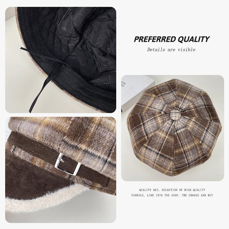 Retro plaid octagonal hat women's winter woolen thickened warm beret temperament versatile show face small painter hat