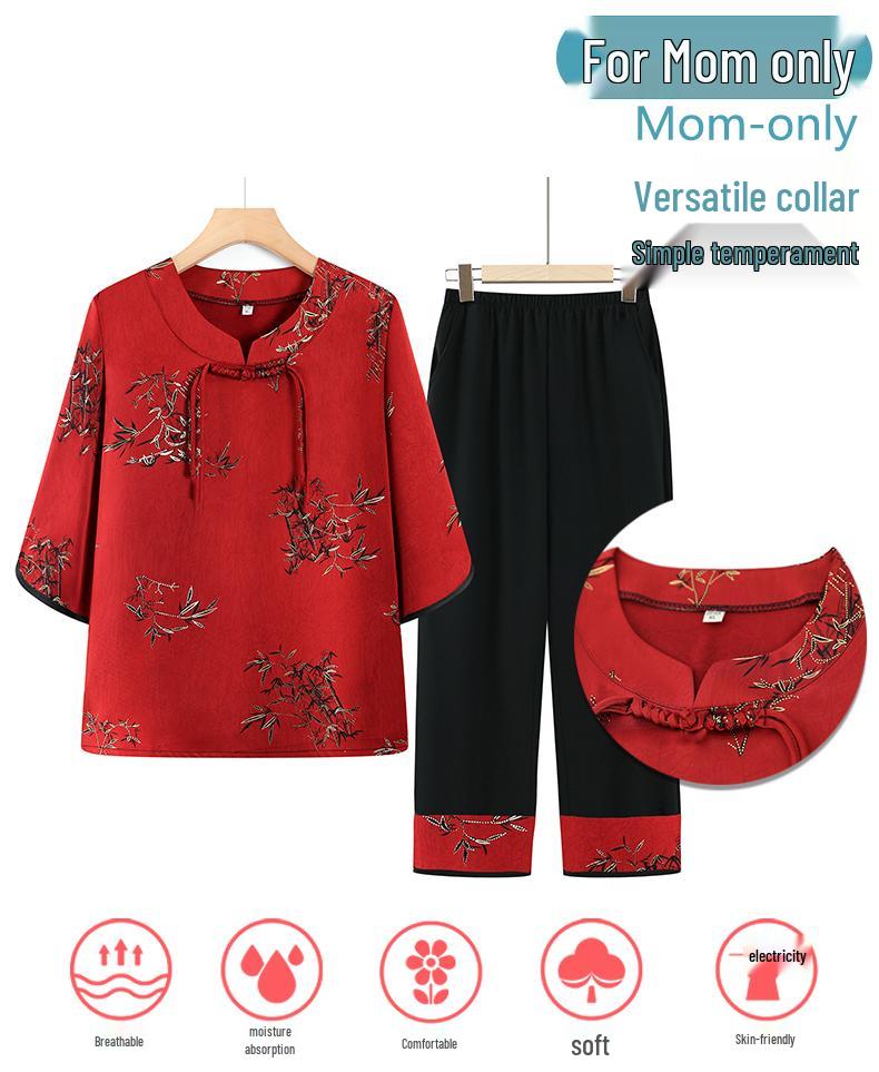 Chic Summer Two-Piece Set: Short-Sleeved Chinese Style for Middle-Aged and Elderly Women