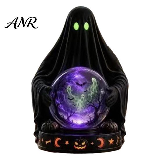 Spooky Home Ornament LED Lighted Halloween Faux Crystal Ball Decoration, Resin Witch/Skeleton/Cat/Ghost Figurine with Detailed Claw Bone