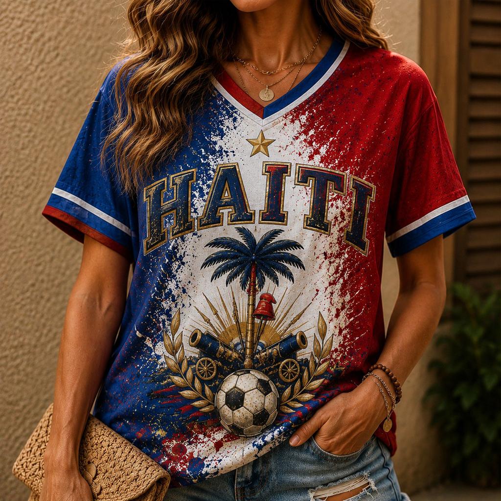 Women's V-Neck Short Sleeve T-Shirt with Soccer Print for Casual Everyday Wear