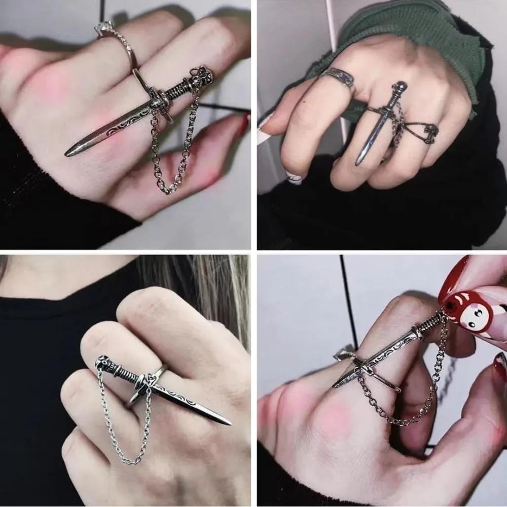 Goth Dark Style Black Cross Sword Rings for Women Vintage Stainless Steel Chain Skull Tassel Rings Punk Jewelry Personal Gift