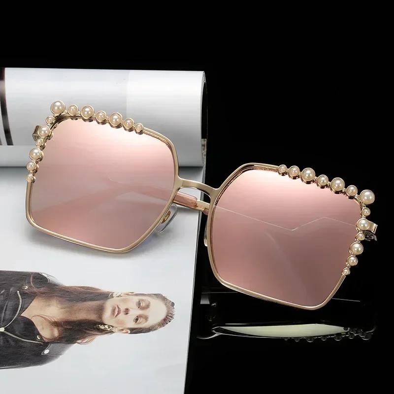 Oversized Square Sun Glasses Ladies  New Luxury Pearl Sunglasses Women Brand Designer Fashion Shades Big Frame Oculos