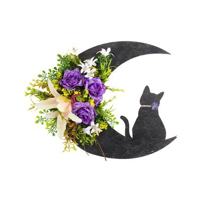 Halloweenowy Wieniec z Kotem na Księżycu Dekoracja Wisząca na Drzwiach Sztuczny Kwiat Wieniec Halloweenowy