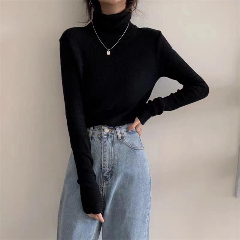 

Autumn and winter new turtleneck pullover women s solid color soft waxy simple versatile knitted bottoming shirt inner top one size fits all чорний