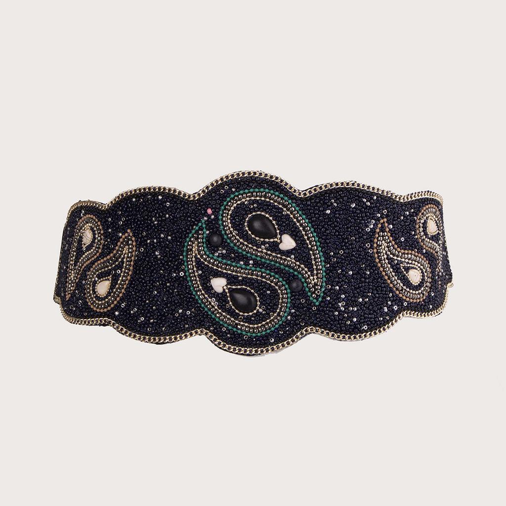 New Taiji Pattern Bead Elastic Buckle Waist Belt, Heavy Industry Bohemian Ethnic Style Women's Belt