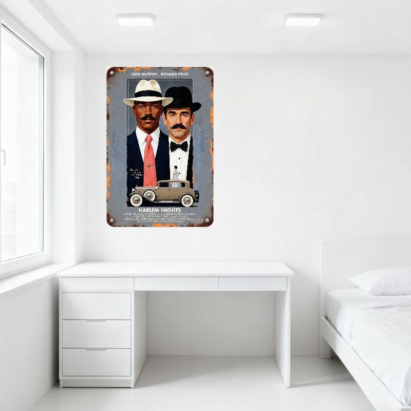 Vintage Harlem Nights Metal Tin Sign, Movie Poster Style Wall Decor with Stylized Men & Car, Rusty Texture for Man Cave Bar Café
