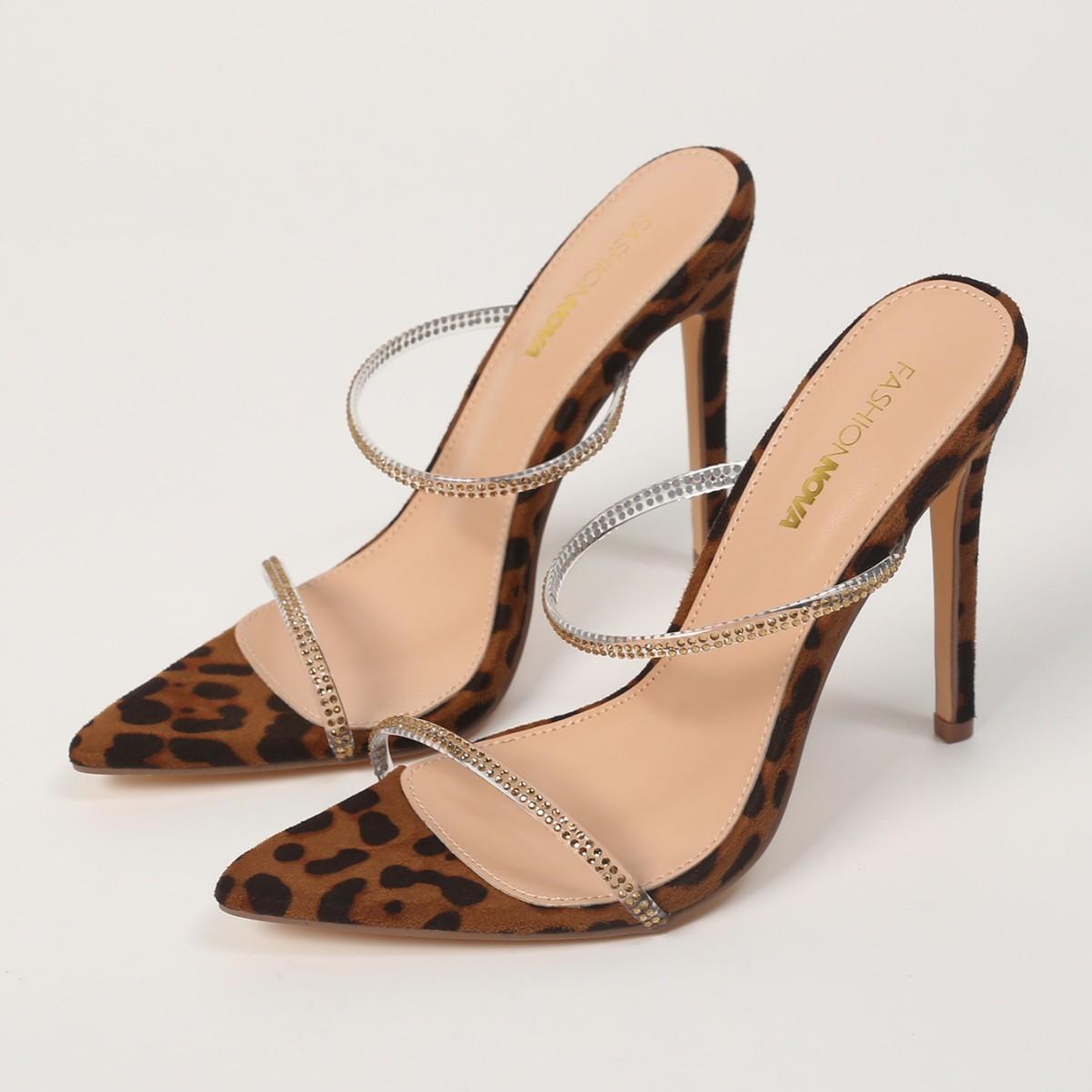 

Летние новые остроносые леопардовые сандалии на высоком каблуке со стразами, с открытым носком, сексуальные, с тонким каблуком, полушлепанцы, женская обувь 41