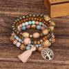 Bohemian Layered Tree of Life Tassel Bracelet Set - 4-Piece Wooden Bead Design