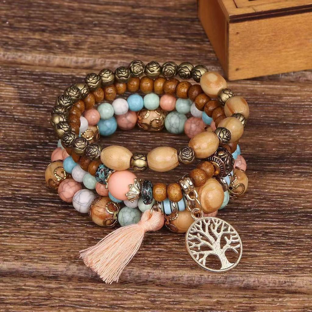 Bohemian Layered Tree of Life Tassel Bracelet Set - 4-Piece Wooden Bead Design